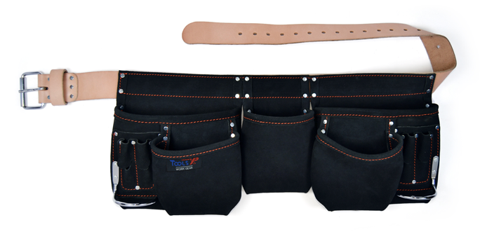 Leather Double Tool Belt Black - 11 Pockets